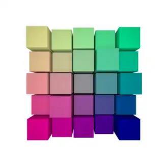 A grid of 25 cubes arranged in 5 by 5 rows, featuring a gradient of colors transitioning from pastel yellows and greens at the top to vibrant pinks and blues at the bottom.
