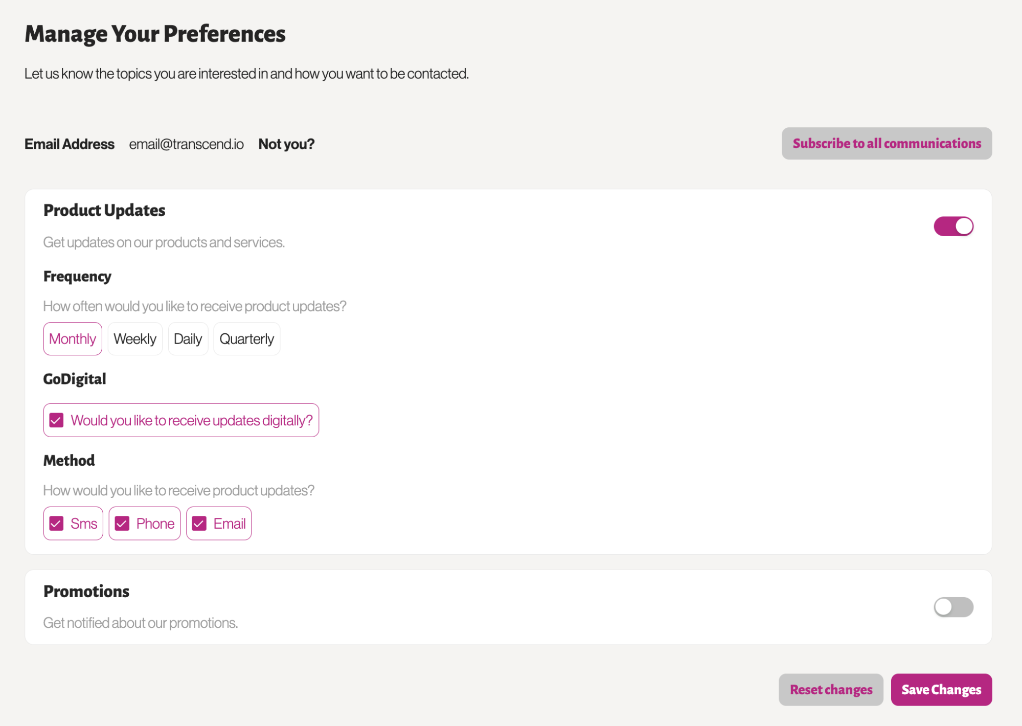 Manage Your Preferences page showing options for subscribing to product updates via email, SMS, or phone, with frequency choices and a toggle for receiving promotions; includes buttons to subscribe to all communications and save changes.