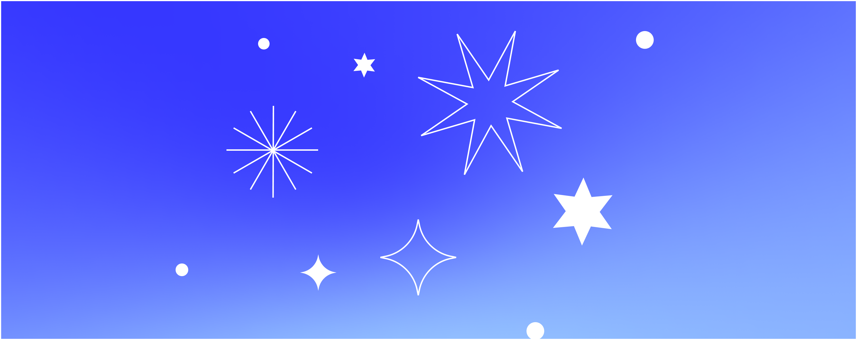 A gradient blue background features various white geometric star shapes and circles, creating a cosmic pattern.