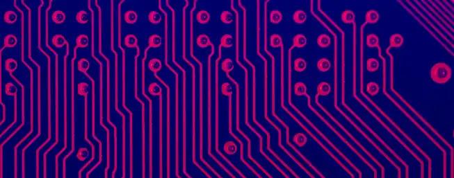 Pink circuitry patterns on a dark blue background, resembling a circuit board design.