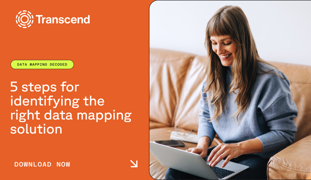 Professional woman using laptop on couch next to text reading 5 steps for identifying the right data mapping solution