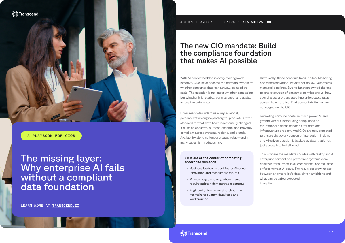 Two professionals discussing something in front of a digital presentation titled "A Playbook for CIOs," with text detailing strategies for building compliance foundations in enterprise AI, and highlighting the role of data management.
