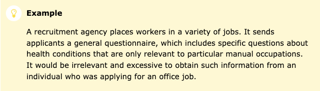 Text on a pale yellow background discussing the relevance of health condition questions for different job types, highlighting their necessity only for certain manual occupations, not office jobs.