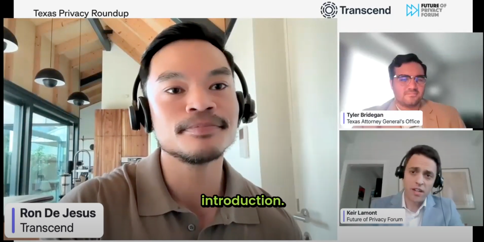 Three individuals are visible during a virtual meeting. The first person is in the main frame, wearing headphones and a polo shirt, with a background showing wooden beams. Two others are in smaller frames; both are wearing headsets and are labeled with their names and affiliations.