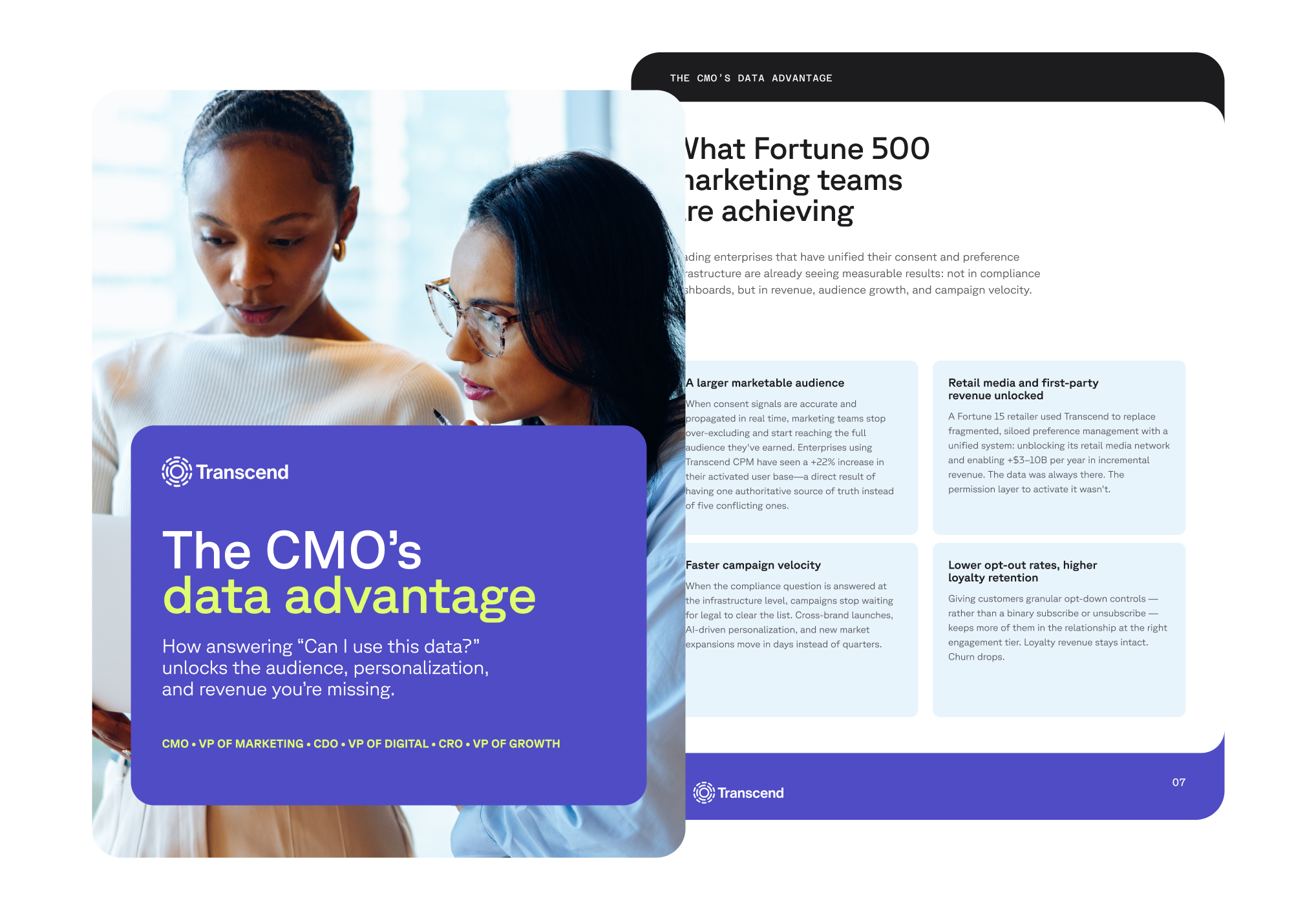 Two women look at a screen displaying a digital document titled "The CMO's data advantage" by Transcend, with an article about Fortune 500 marketing teams visible behind it.