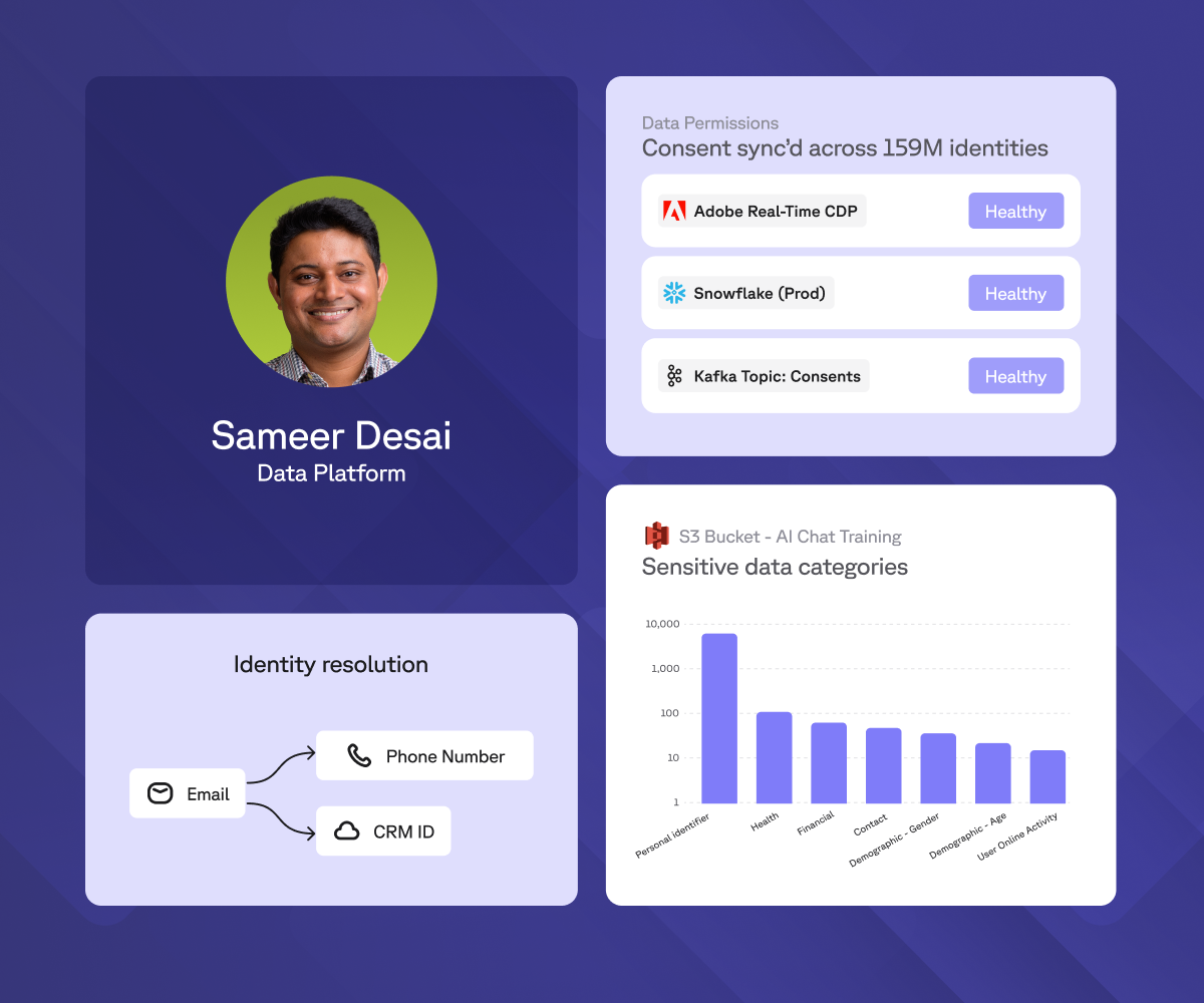 A data platform dashboard showing a profile for Sameer Desai, data permissions for 159M identities, identity resolution, and a bar chart of sensitive data categories for AI training.