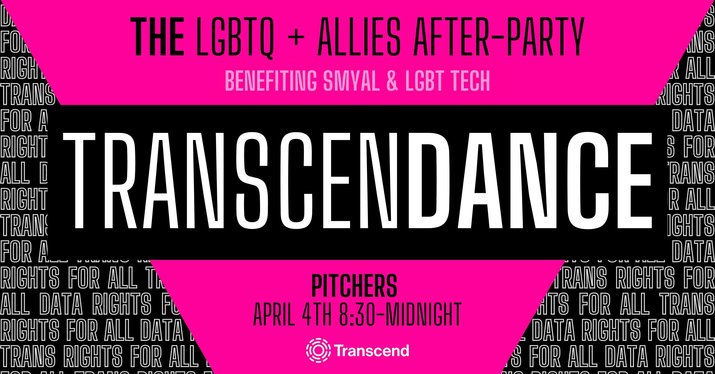 Bold event graphic promoting an LGBTQ event Transcendance with pink and black elements