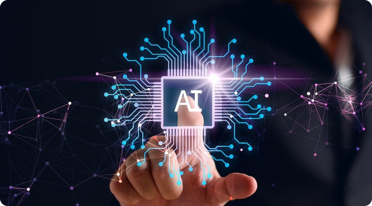 Finger reaching forward and touching an AI symbol overlayed in front of them