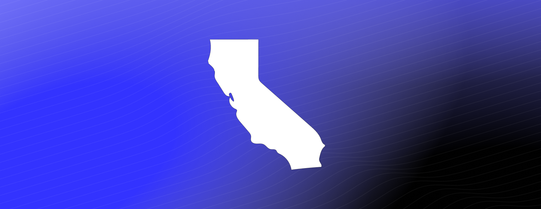 The california shape in white in front of blue black gradient background with wavy lines
