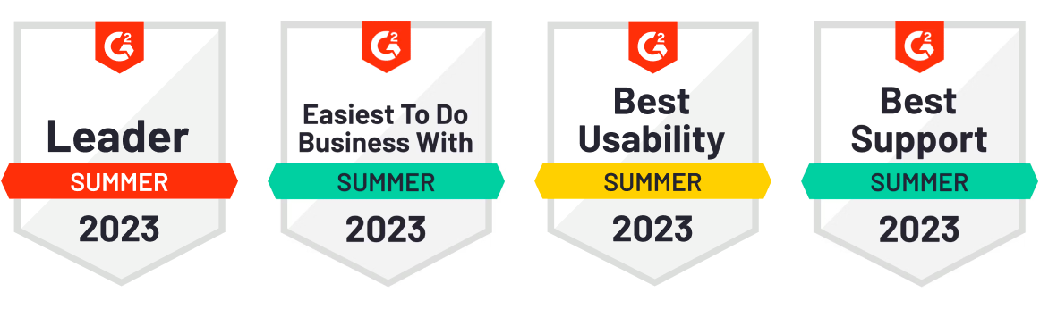 Four G2 badges labeled: Leader, Easiest to Do Business With, Best Usability, and Best Support, all awarded in Summer 2023.