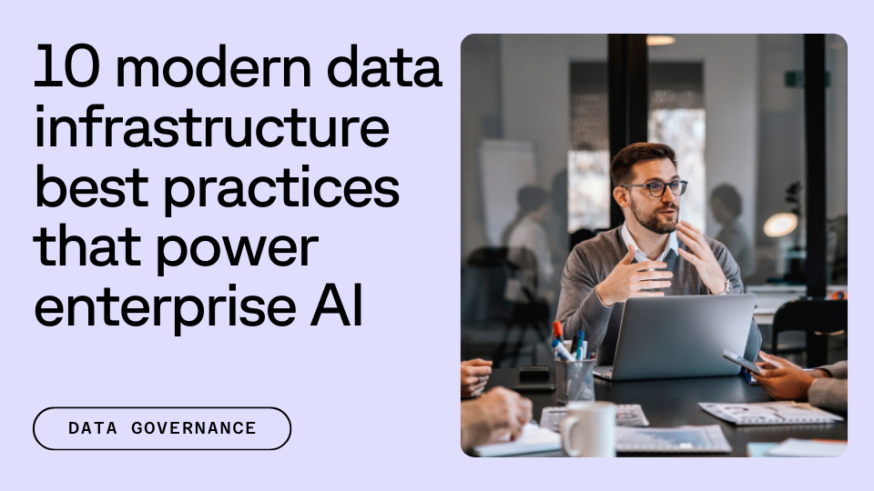 A man sitting at a table in a meeting room discusses with colleagues, and the text "10 modern data infrastructure best practices that power enterprise AI" is displayed beside him.