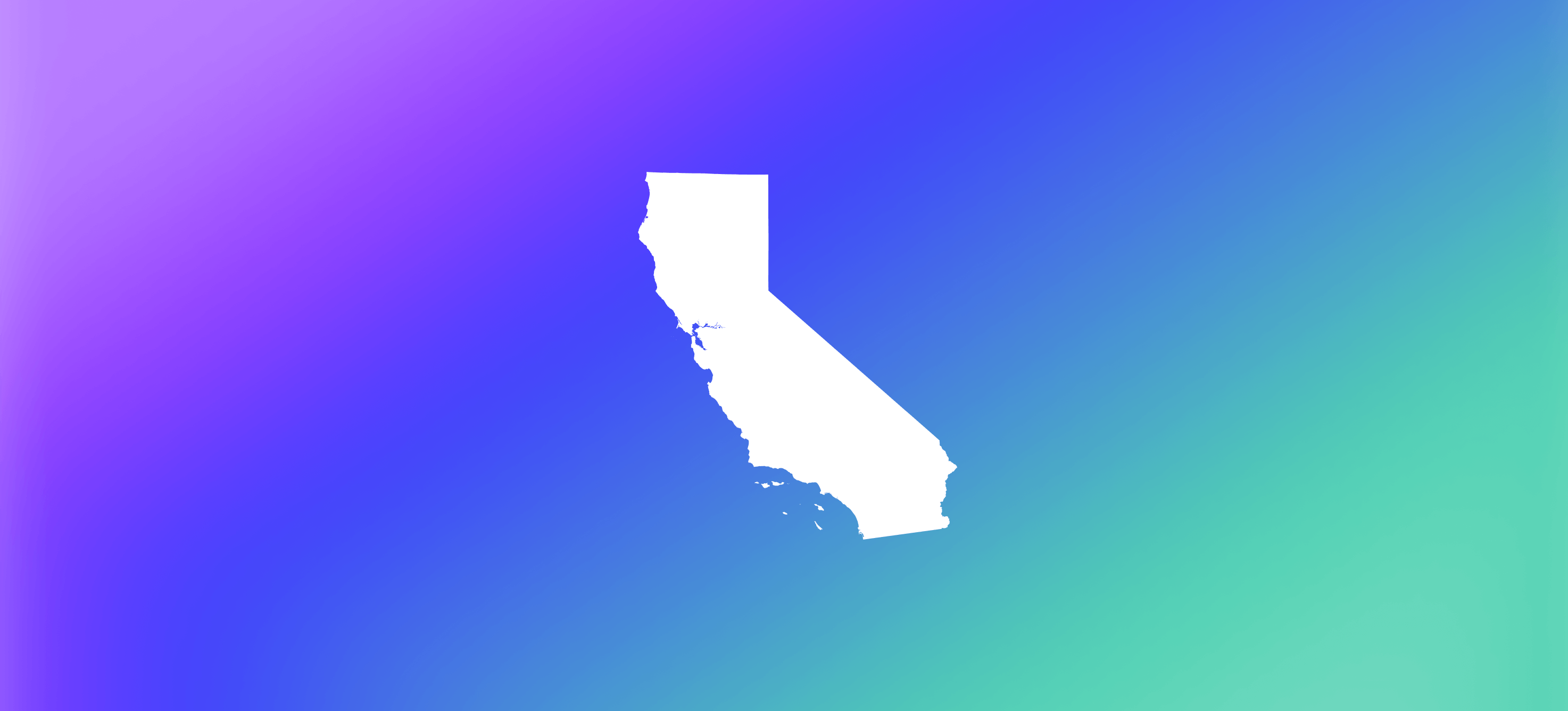 Purple blue teal gradient background with white outline of California state's shape in center