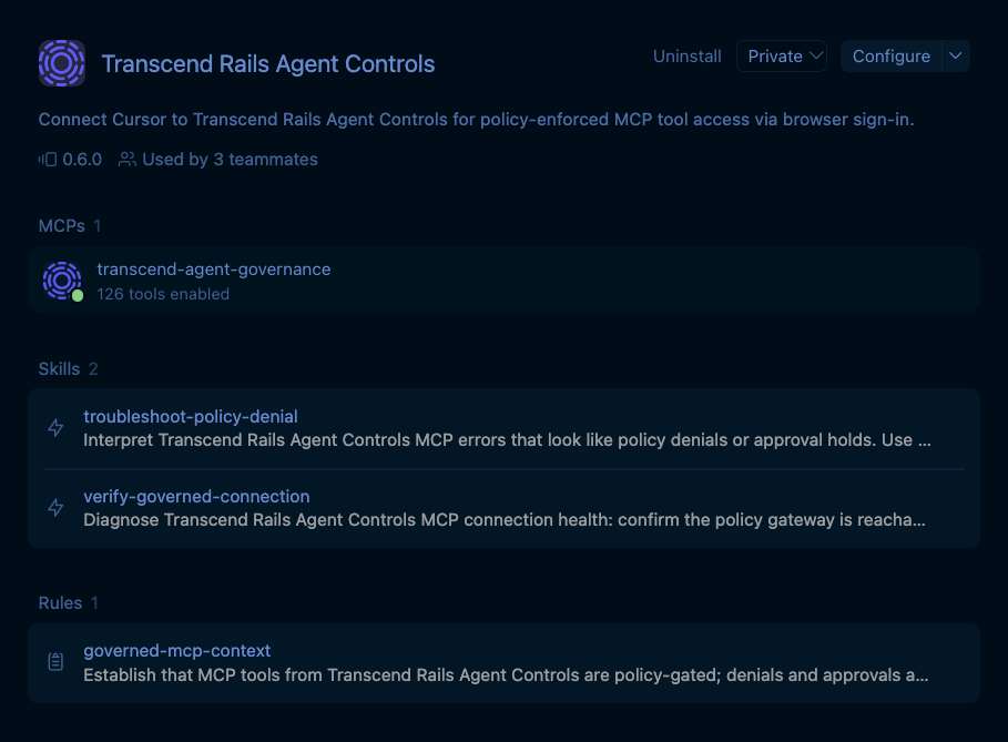Transcend Rails Agent Controls application interface displaying sections for MCPs, Skills, and Rules, detailing agent governance and policy management.
