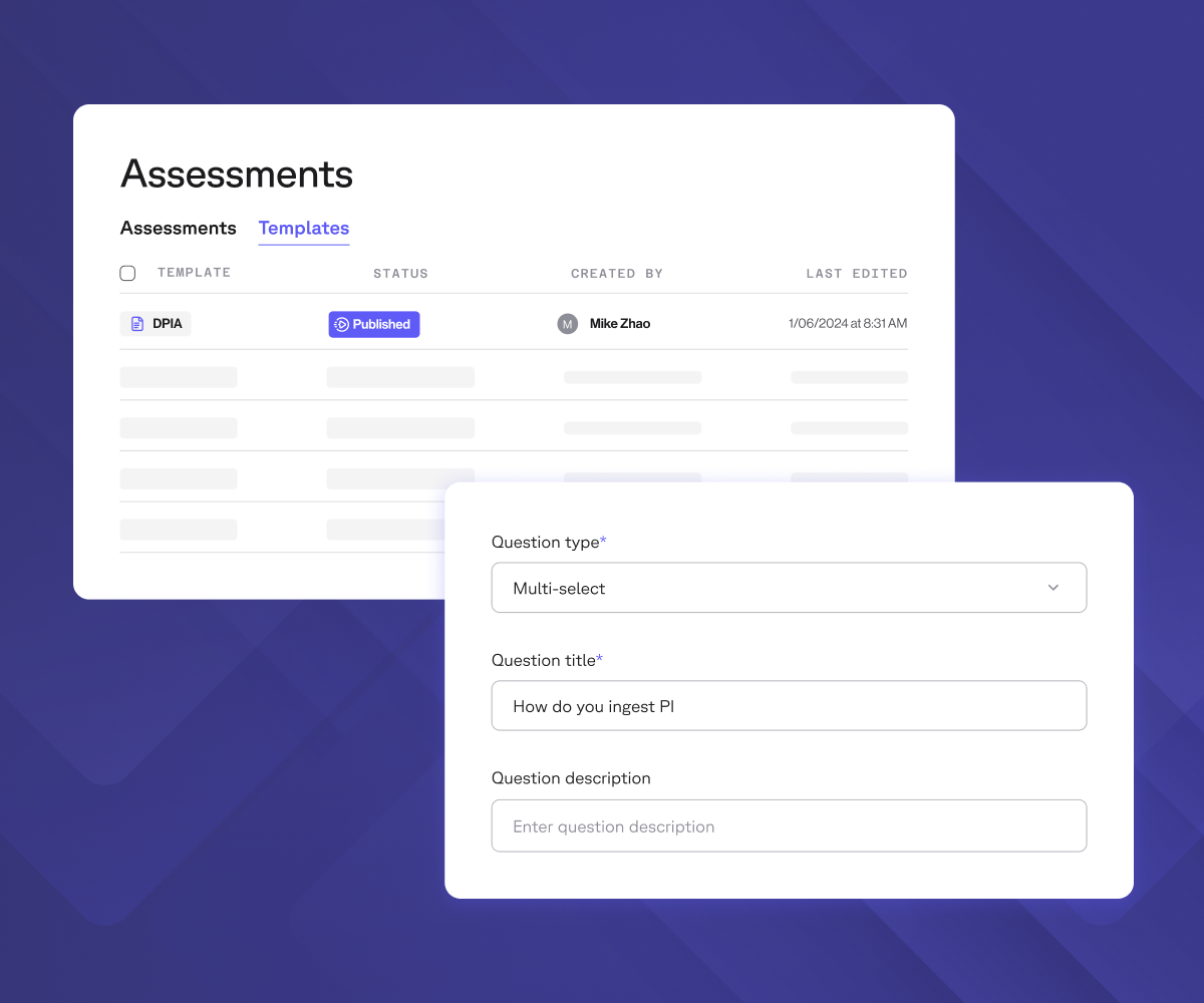 A software interface showing an "Assessments" template list and an overlay form for creating a multi-select question titled "How do you ingest PI".