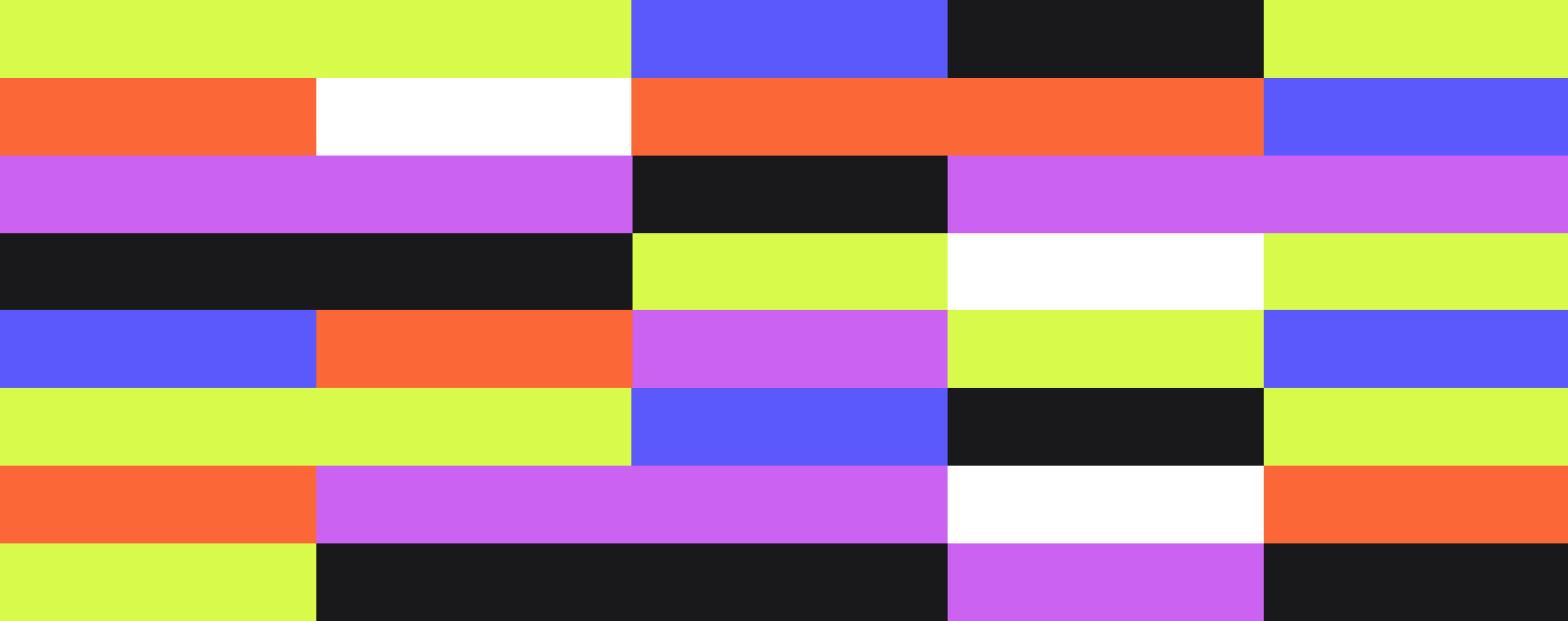 Blocky pattern of purple, green, blue, black and red with seemingly random composition