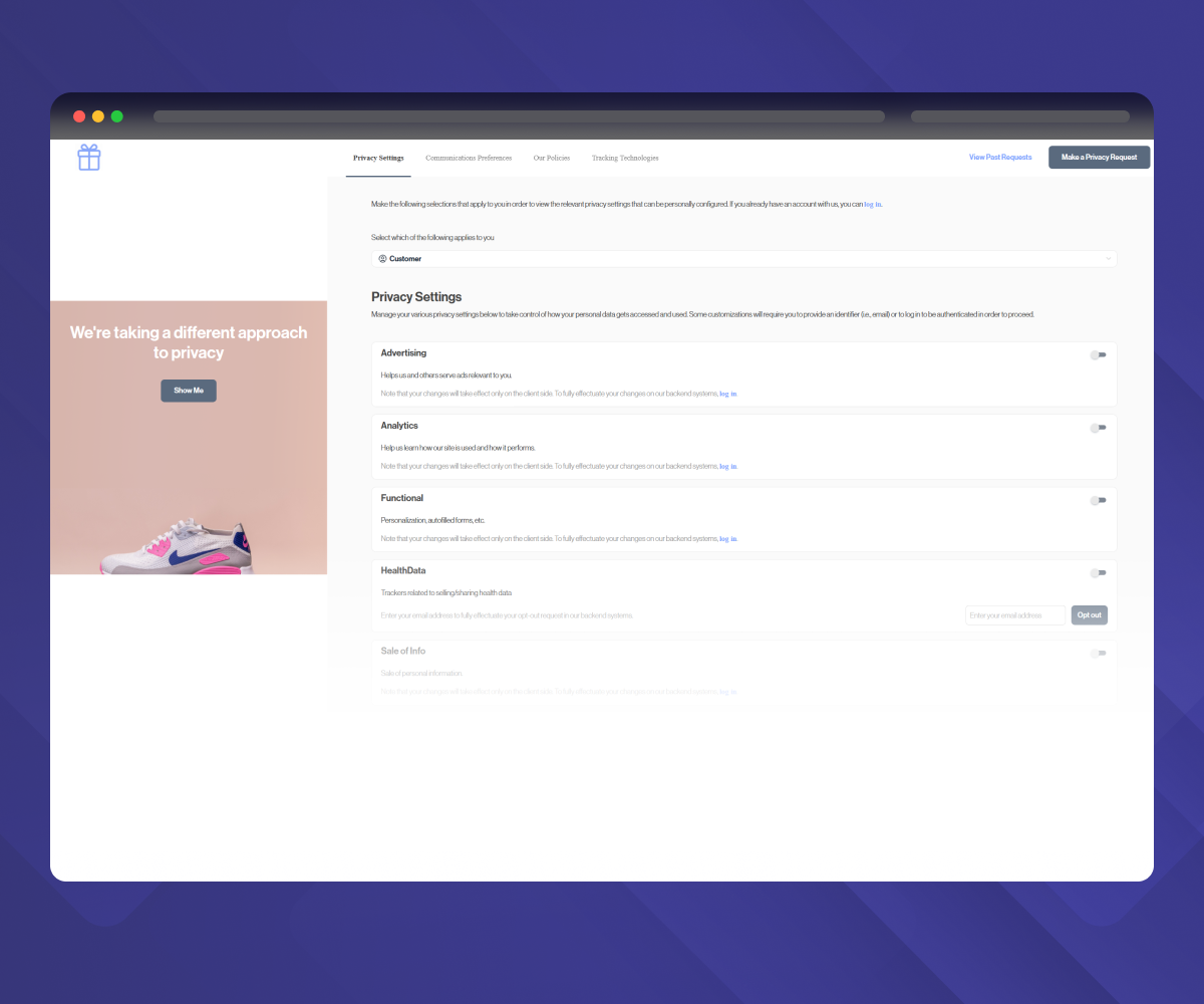 A web page displaying privacy settings with a banner promoting a new approach to privacy and a white sneaker.