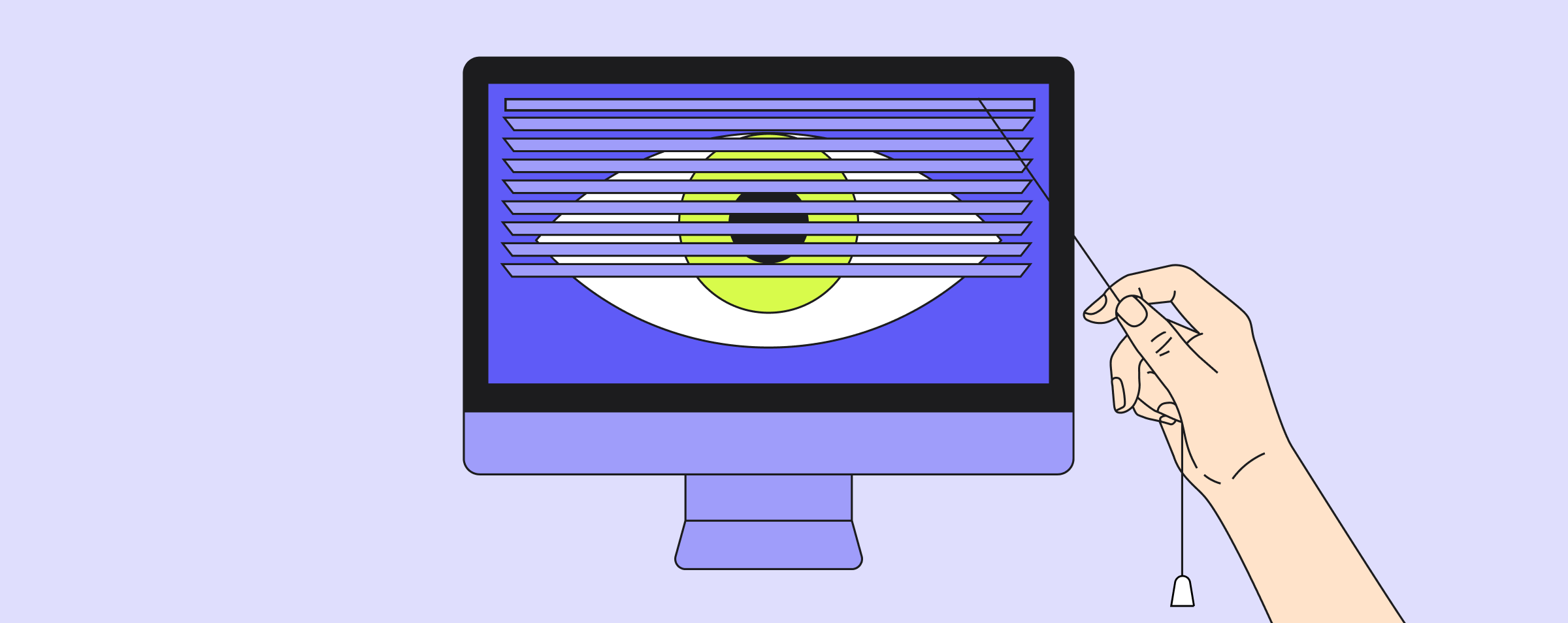Stylized drawing of computer with blinds covering a computer screen with a large eye on it