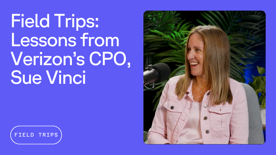 A woman with long, light brown hair in a pink jacket smiles while speaking into a microphone. The text reads, "Field Trips: Lessons from Verizon’s CPO, Sue Vinci."