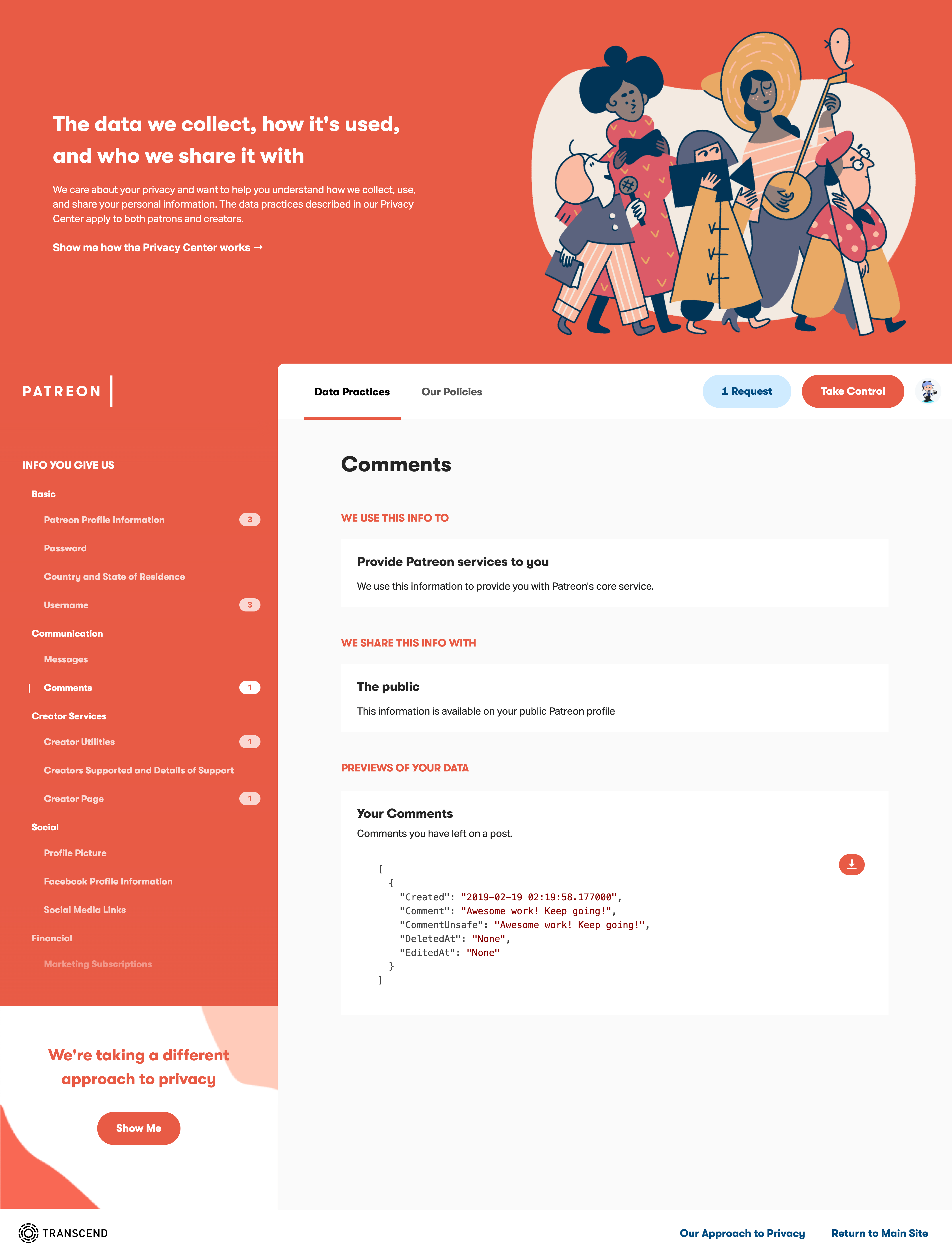 Whitepage design from Patreon describing their privacy center usage