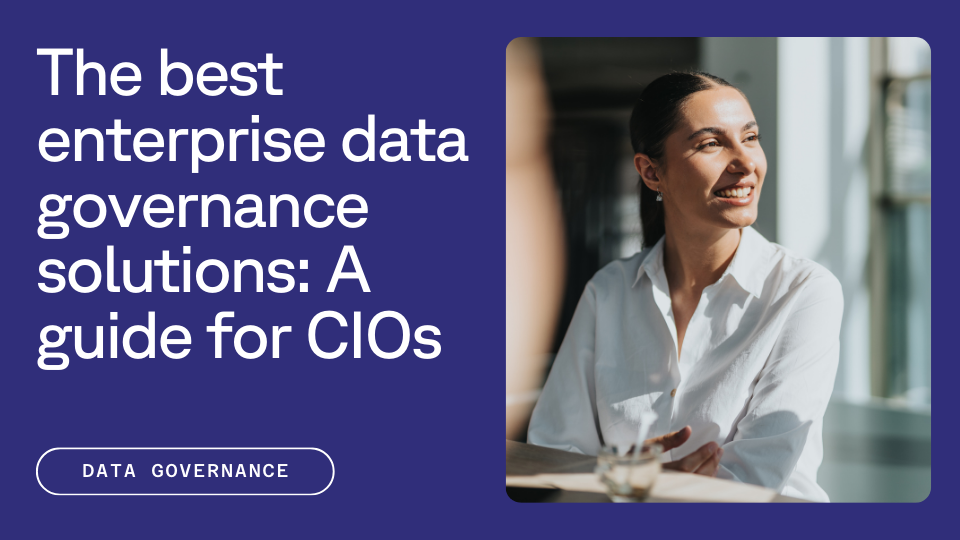 A smiling person in a white shirt sits at a desk with sunlight streaming in; text reads, "The best enterprise data governance solutions: A guide for CIOs."