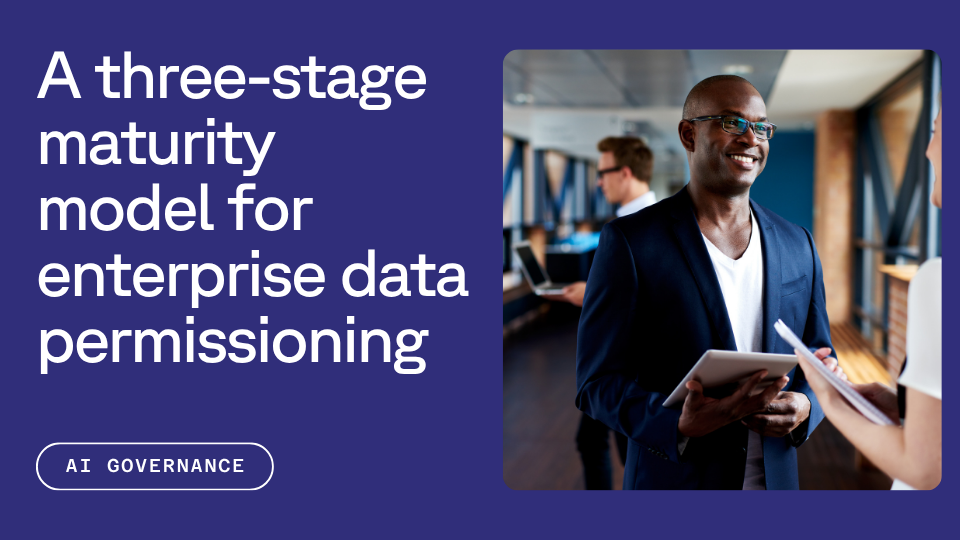 A three-stage maturity model for enterprise data permissioning, tagged AI Governance, illustrated by a smiling businessman holding a tablet and talking to a colleague.