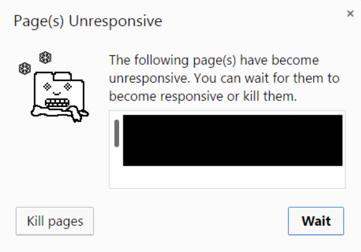 A browser error message displays a pixelated icon of a distressed computer with a loading issue. Options to "Kill pages" or "Wait" are presented below a message about unresponsive web pages.