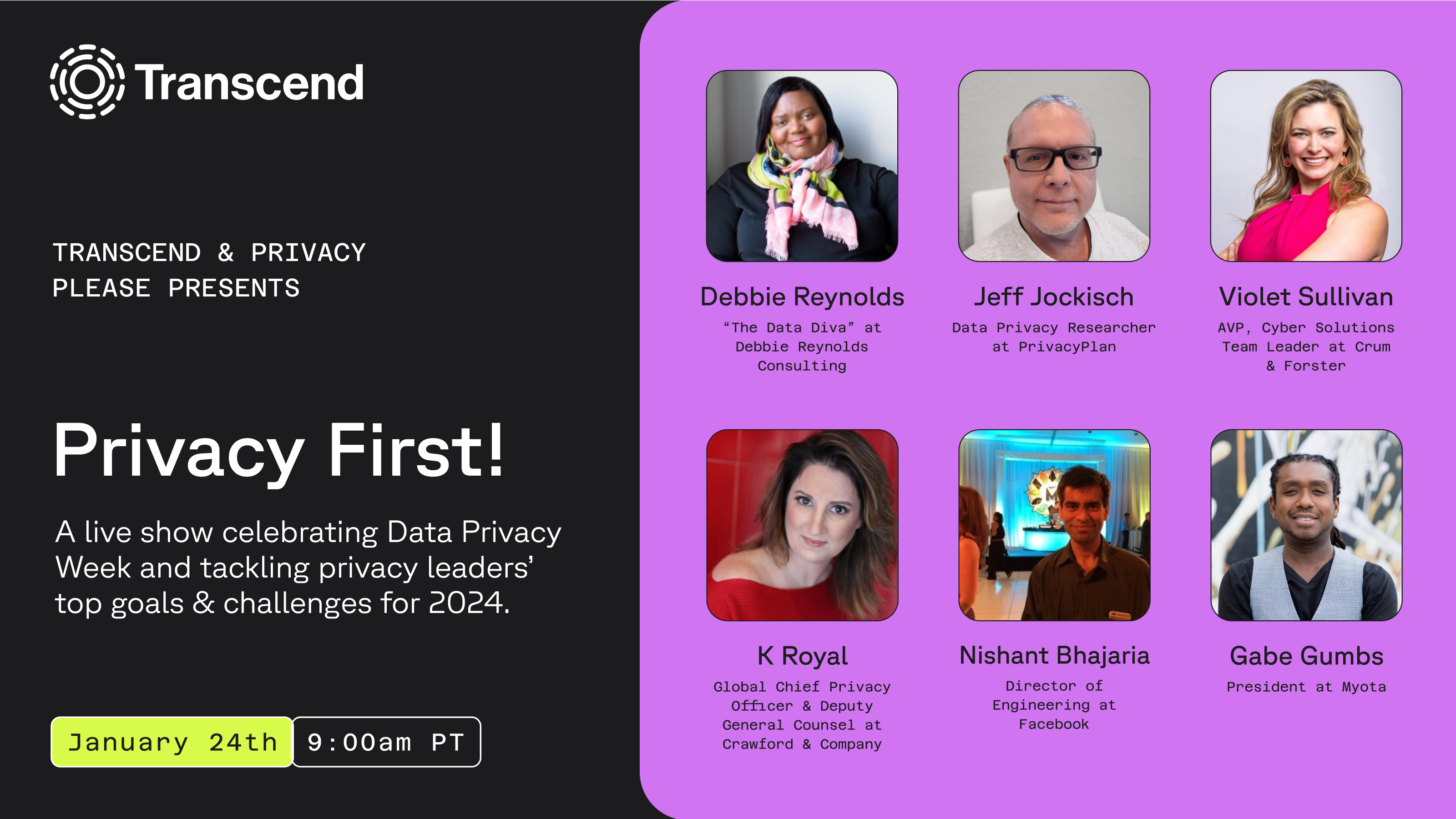 Six headshots of speakers at live show called 'Privacy first!' on january 24th