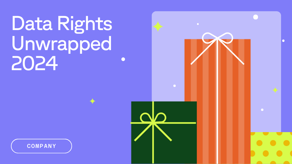 Three wrapped gifts with bows in front of a purple background featuring the text "Data Rights Unwrapped 2024" and a "Company" button.