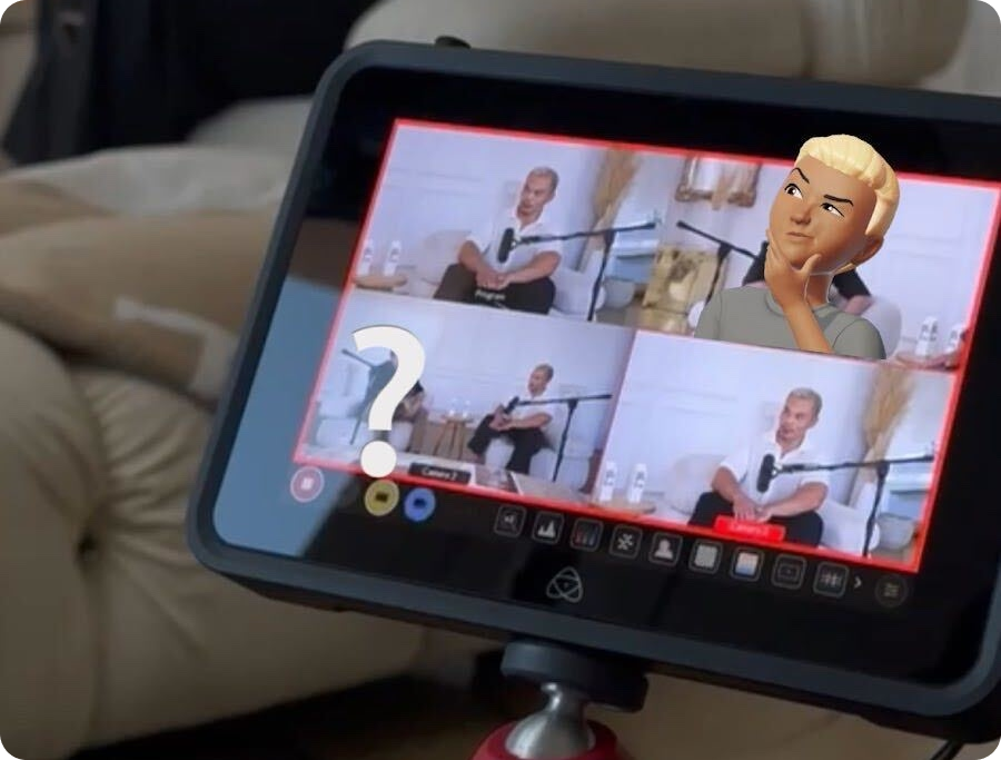 4 by 4 Screen showing Ron De Jesus recording video interview with an overlayed emoji caricature in one of the panels