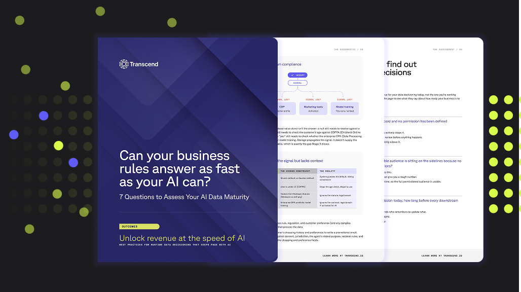 Article preview titled 'Can your business rules answer as fast as your AI can? 7 Questions to Assess Your AI Data Maturity.' The background features data-like dots and an abstract blue pattern.