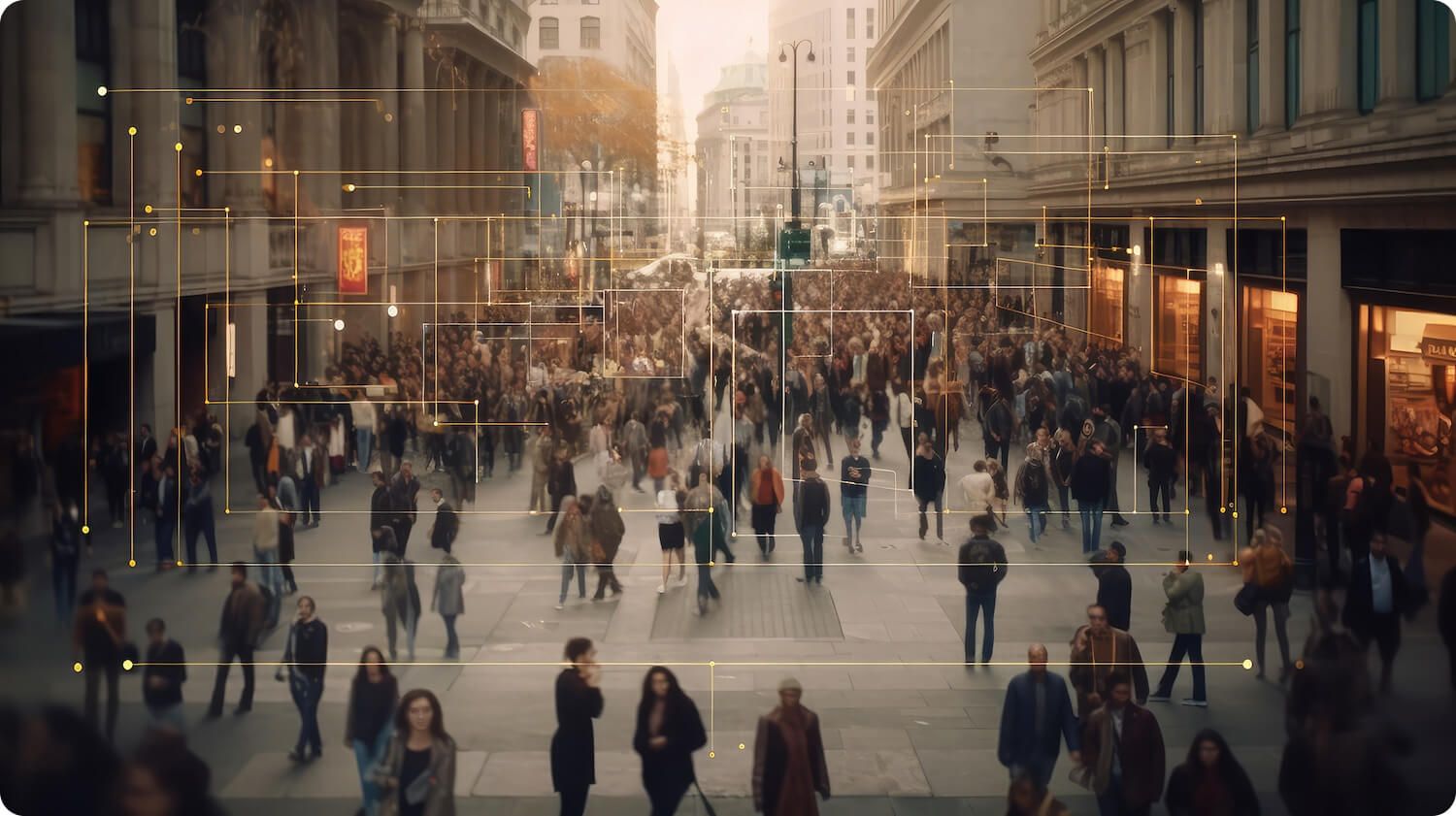 Slightly blurred view of historic metro city area with crowded foot traffic overlayed with line design
