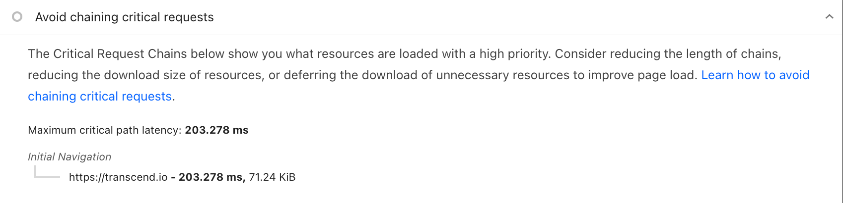 A screenshot of Transcend's critical chain in Pagespeed Insights