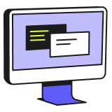 A computer monitor displaying two overlapping dialogue boxes, one dark with green lines and one light with dark text, set on a light purple background.
