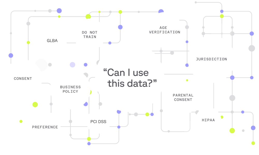 A network map asking "Can I use this data?", surrounded by data governance terms like Consent, HIPAA, GLBA, PCI DSS, Do Not Train, and Jurisdiction.