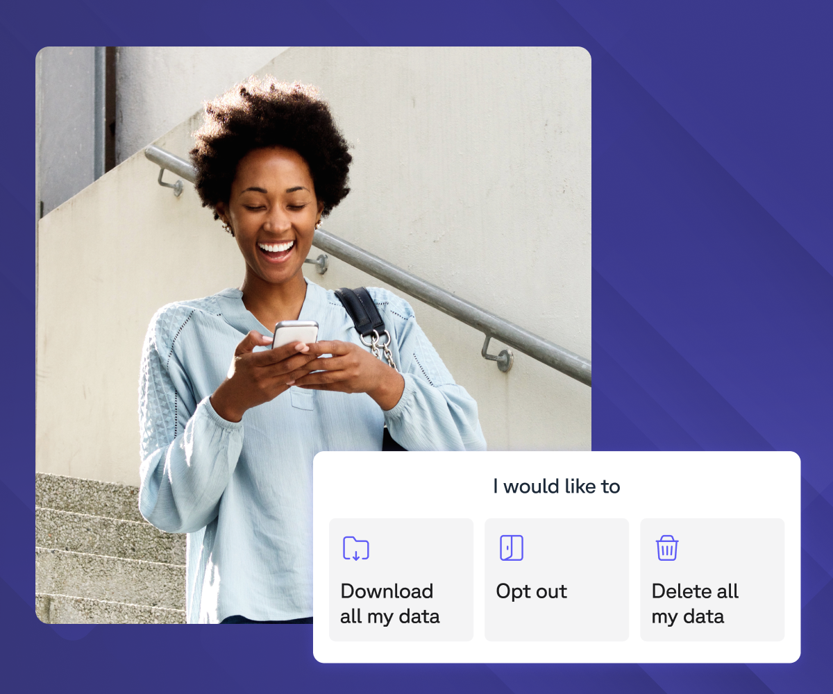 A smiling Black woman using her phone, with an overlay menu offering data privacy options to download, opt out, or delete data.