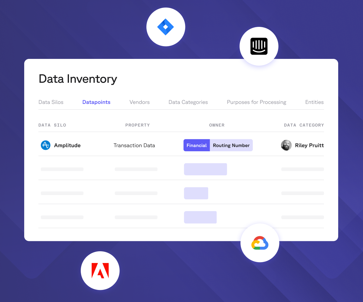 A Data Inventory dashboard displaying financial and routing number data from Amplitude, surrounded by icons representing various tech services.
