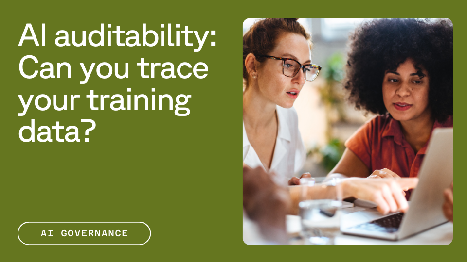 Two individuals are focused on a laptop screen, with text on the side reading, "AI auditability: Can you trace your training data?" on a green background.
