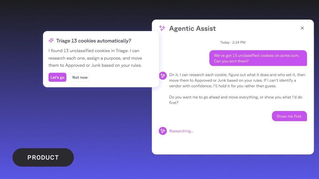 A software interface with two pop-up windows from 'Agentic Assist' demonstrating automated cookie triaging.