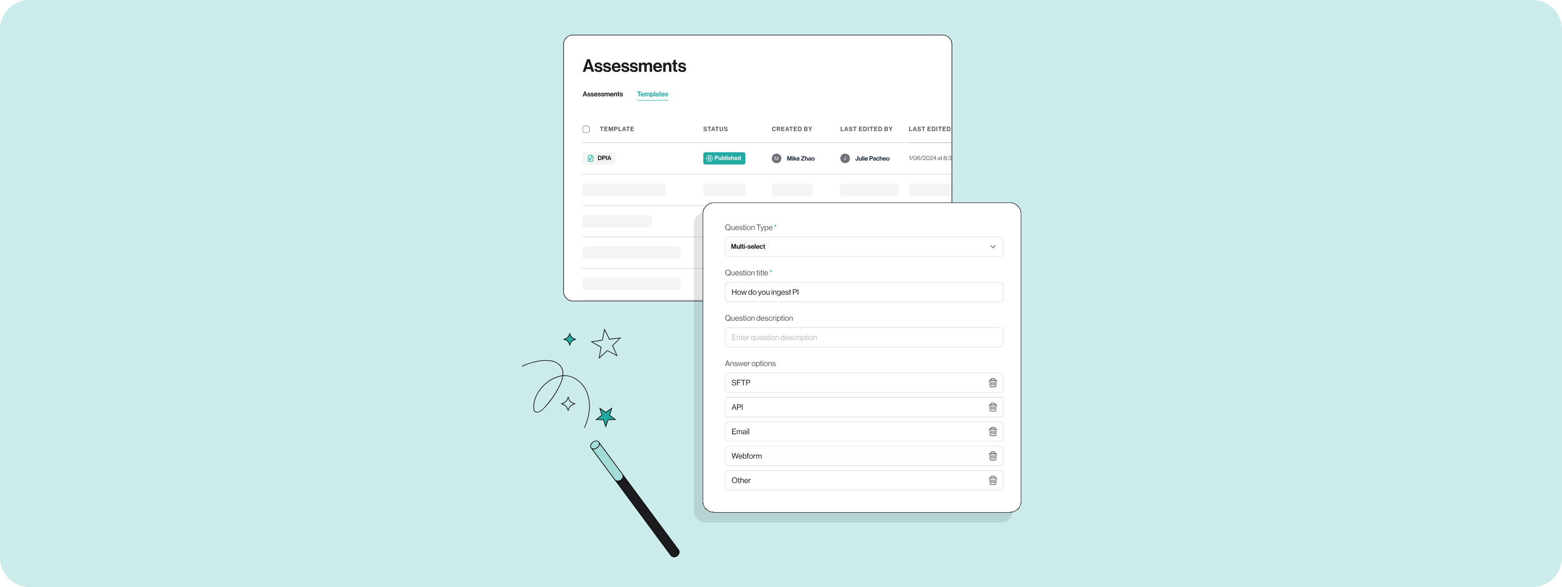 Screenshot of the 'Assessments' section in the Transcend dashboard, displaying a template list and an open form for creating a new question. In the foreground is an illustrated magic wand.