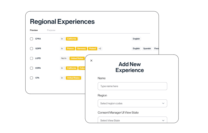 View of regional experiences and add new experience in Transcend's consent management platform