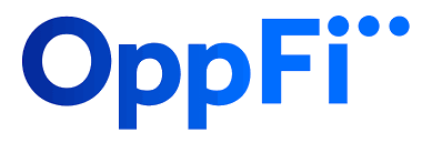 The image shows the text "OppFi" in a gradient blue font with three dots following the letters.