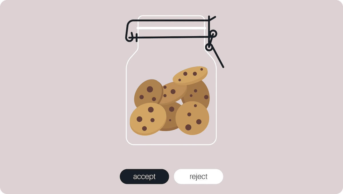Graphic designed cookie jar with cookies in it above text options accept or reject