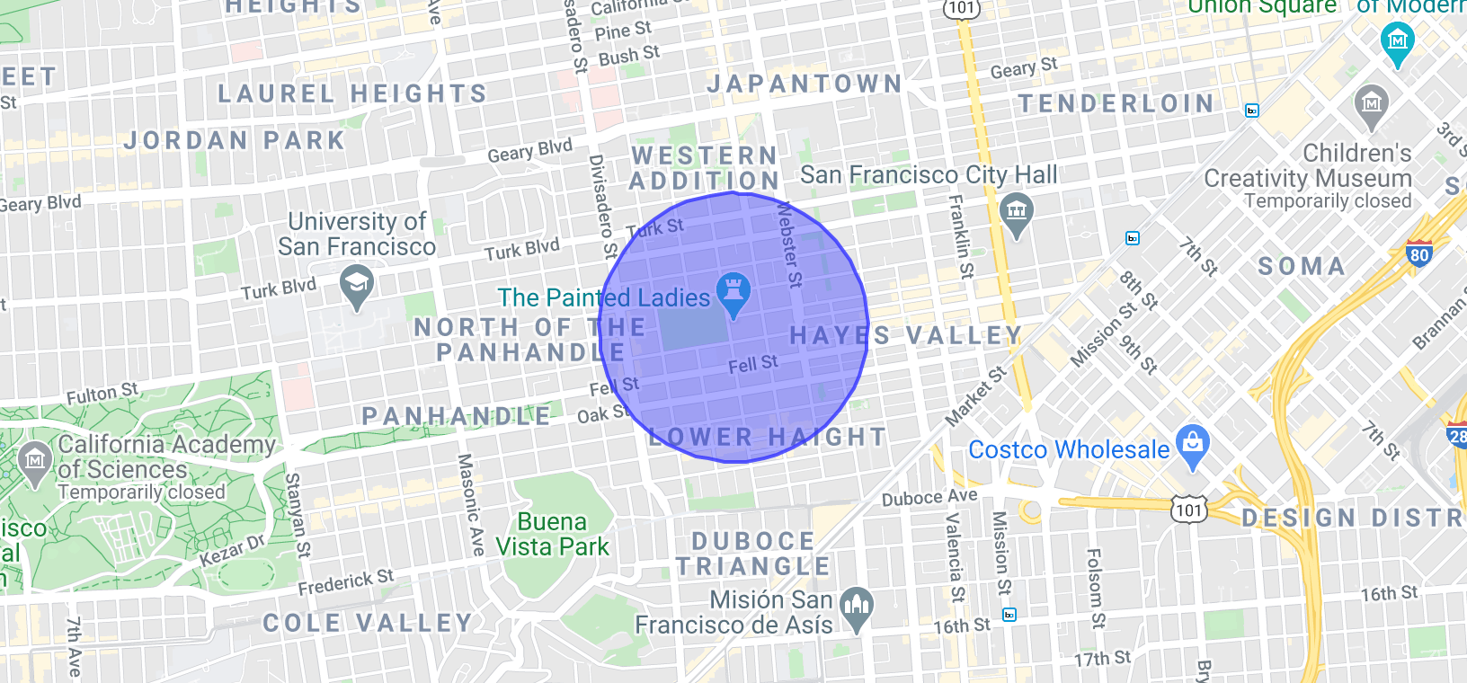 A map of San Francisco highlighting a circular area encompassing parts of Lower Haight, Hayes Valley, and Western Addition, near landmarks like The Painted Ladies and the California Academy of Sciences.