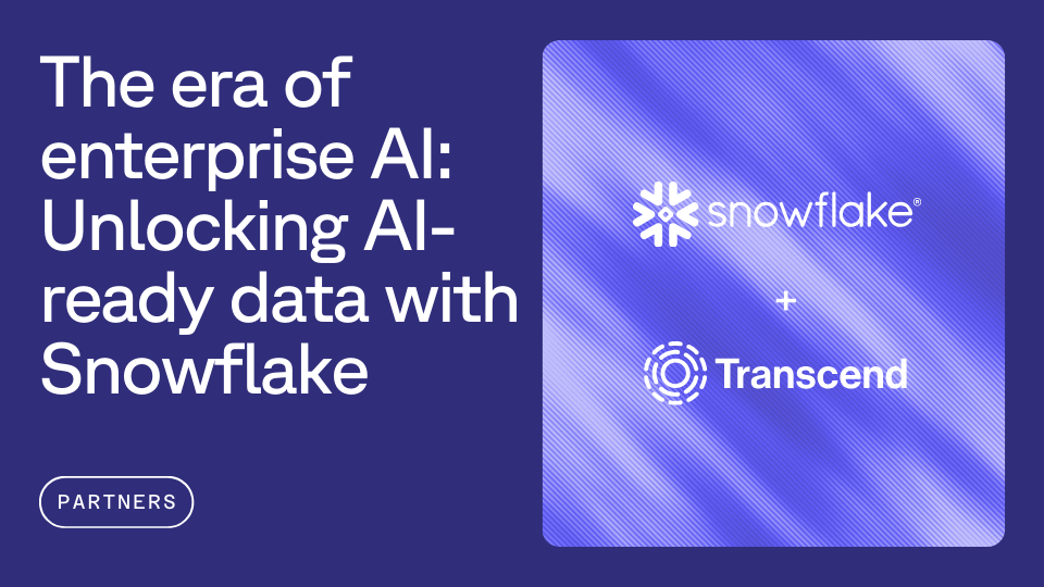 Text on a blue background highlights "The era of enterprise AI: Unlocking AI-ready data with Snowflake" alongside the Snowflake and Transcend logos, with a small "Partners" label.