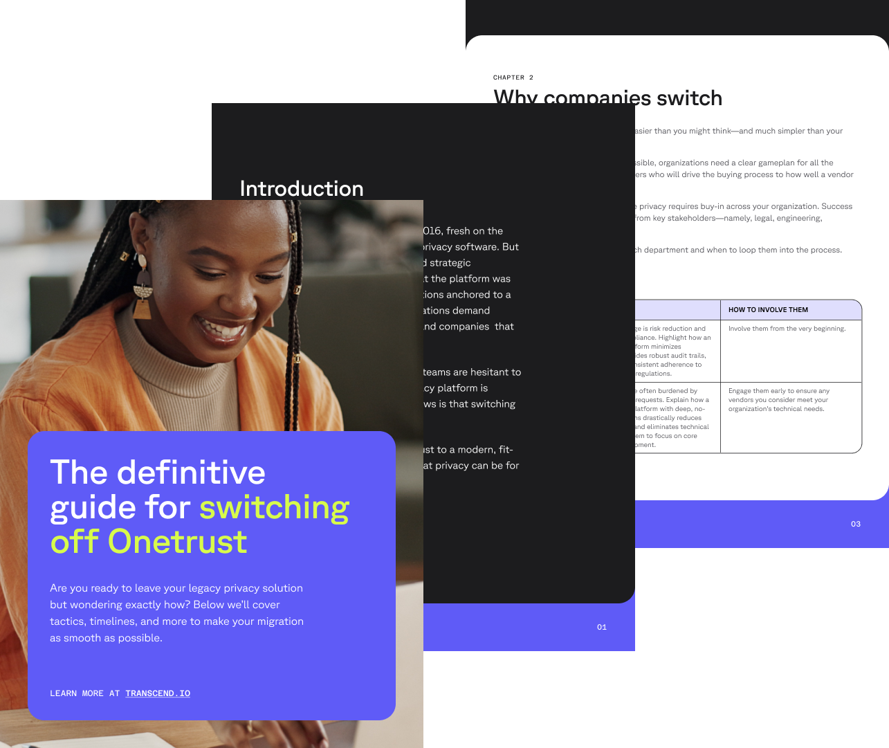 A smiling person sits at a desk, with overlaid text emphasizing a guide for switching off Onetrust, featuring sections on why companies switch and an introduction.