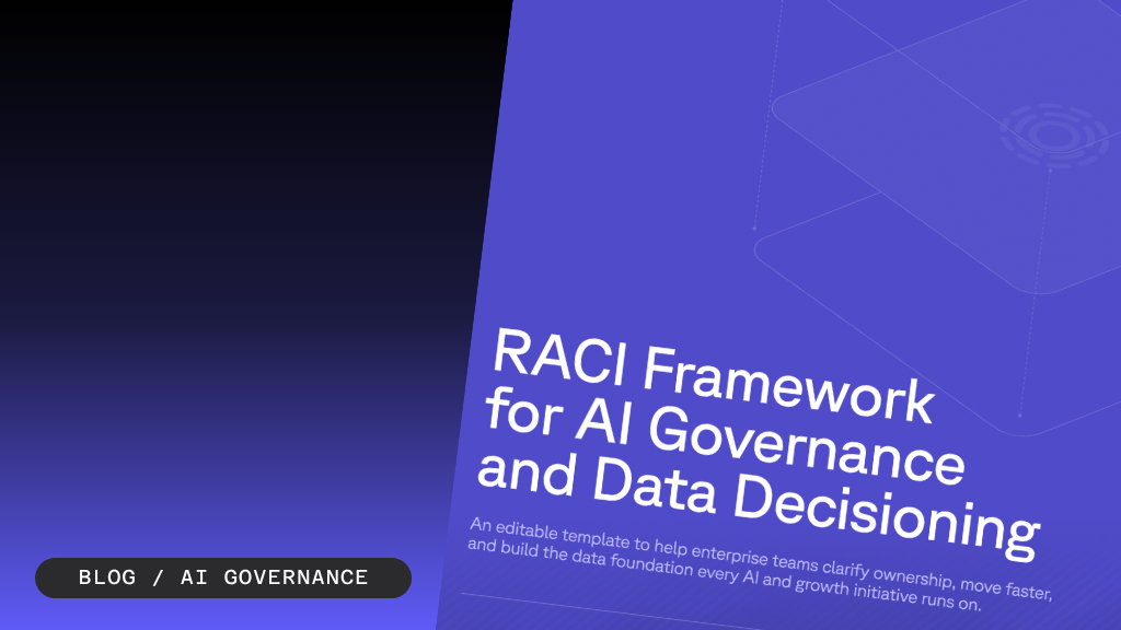 Text promoting the RACI Framework for AI Governance, with a digital document cover for the framework from Transcend.