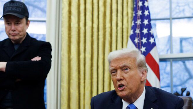 President Donald Trump and Elon Musk, head of the Trump administration's Department of Government Efficiency, left, in the Oval Office of the White House in Washington on Tuesday, Feb. 11, 2025.