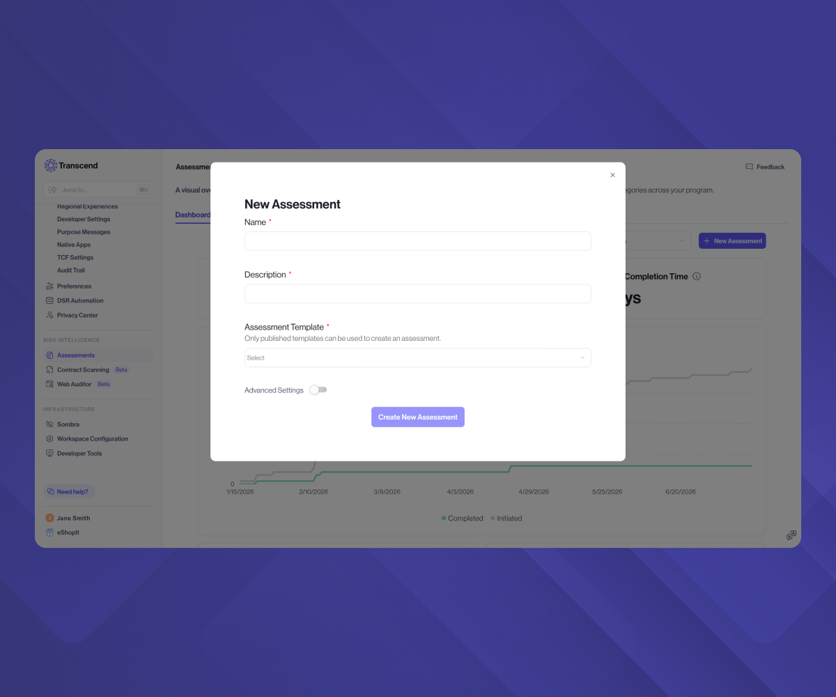 Transcend software interface with a "New Assessment" modal open for inputting assessment details.