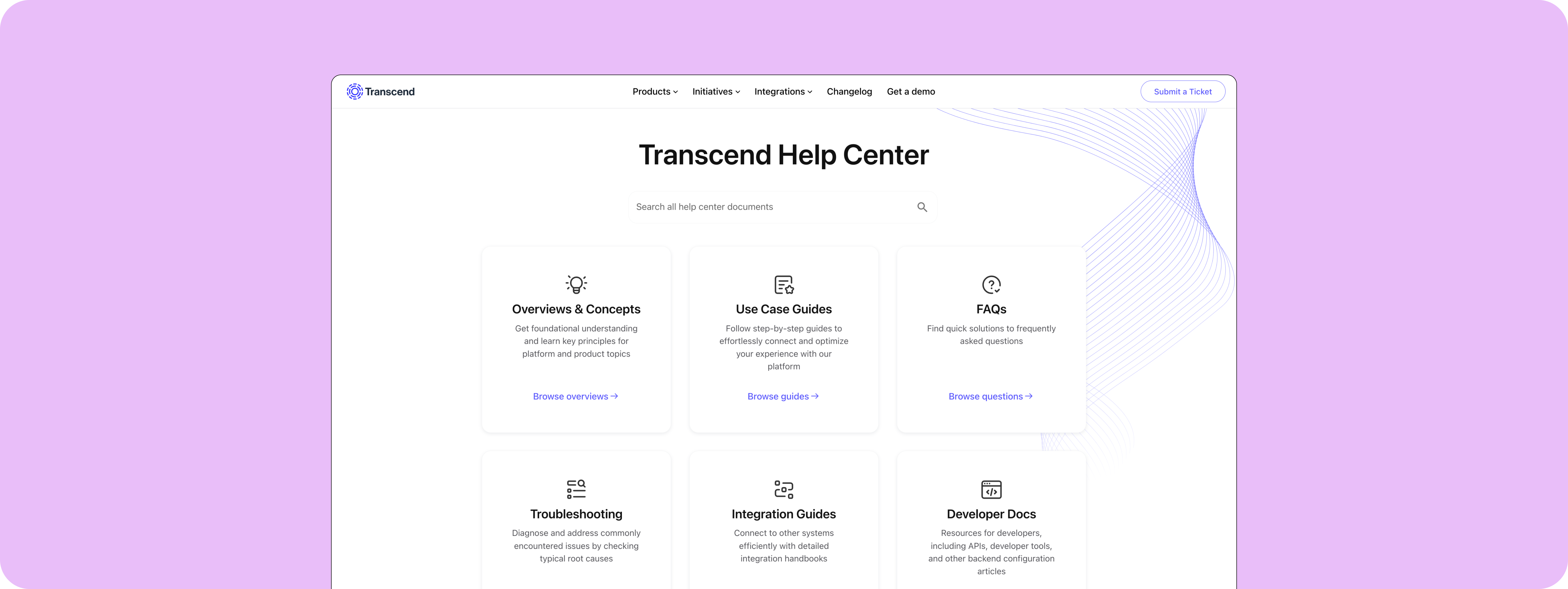 Screenshot of the 'Transcend Help Center' page, featuring sections like Overviews & Concepts, Use Case Guides, FAQs, Troubleshooting, Integration Guides, and Developer Docs.