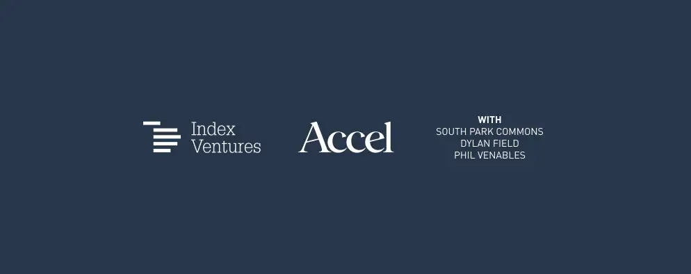 Logos for index ventures accel and text reading south park commons dylan field phil venables on dark gray background